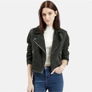 Topshop Caddie Suede Moto Jacket Forest Green 10 Lined Pockets Zippers Biker